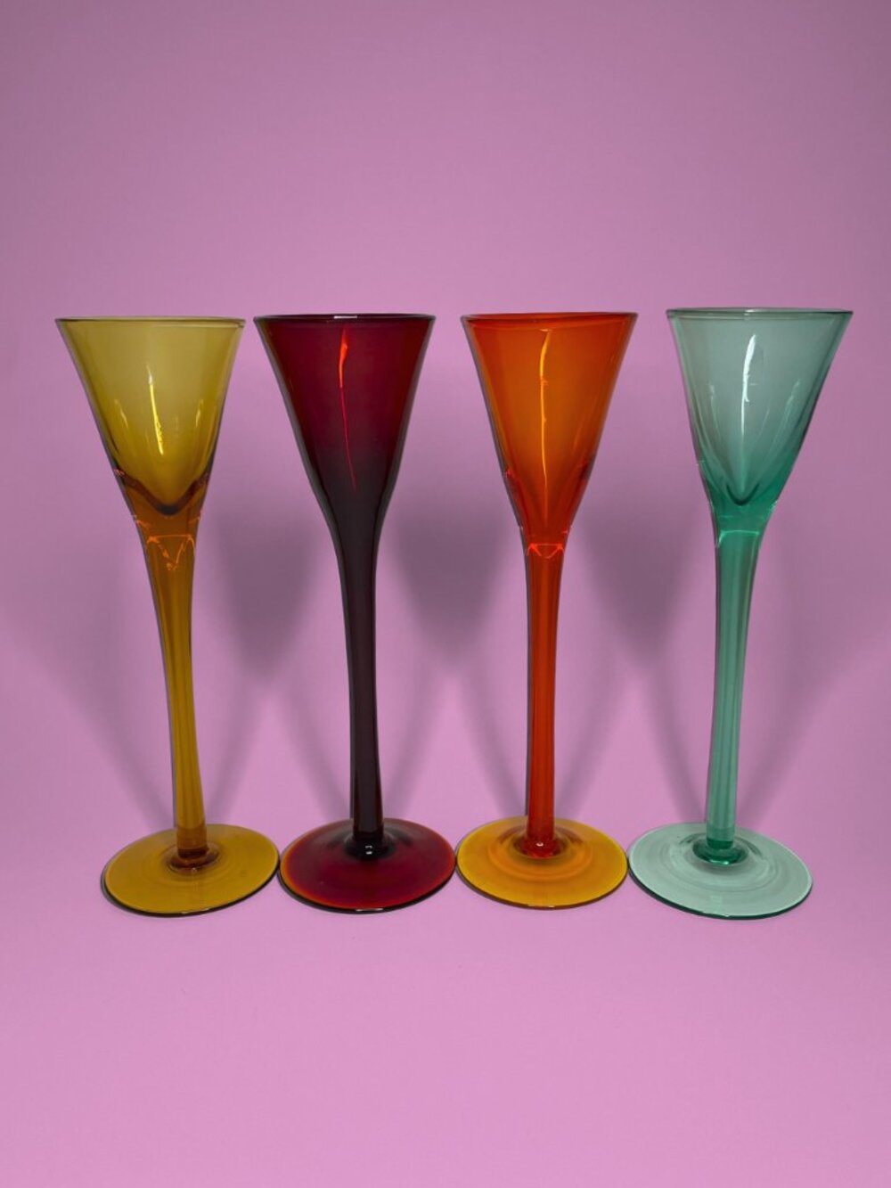 Vintage Multi-Coloured Hand-Blown Liqueur Glasses - Set of 4 Tall Cordial Flutes